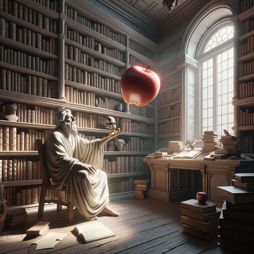 the discovery of gravity, digital art, 2.5D style